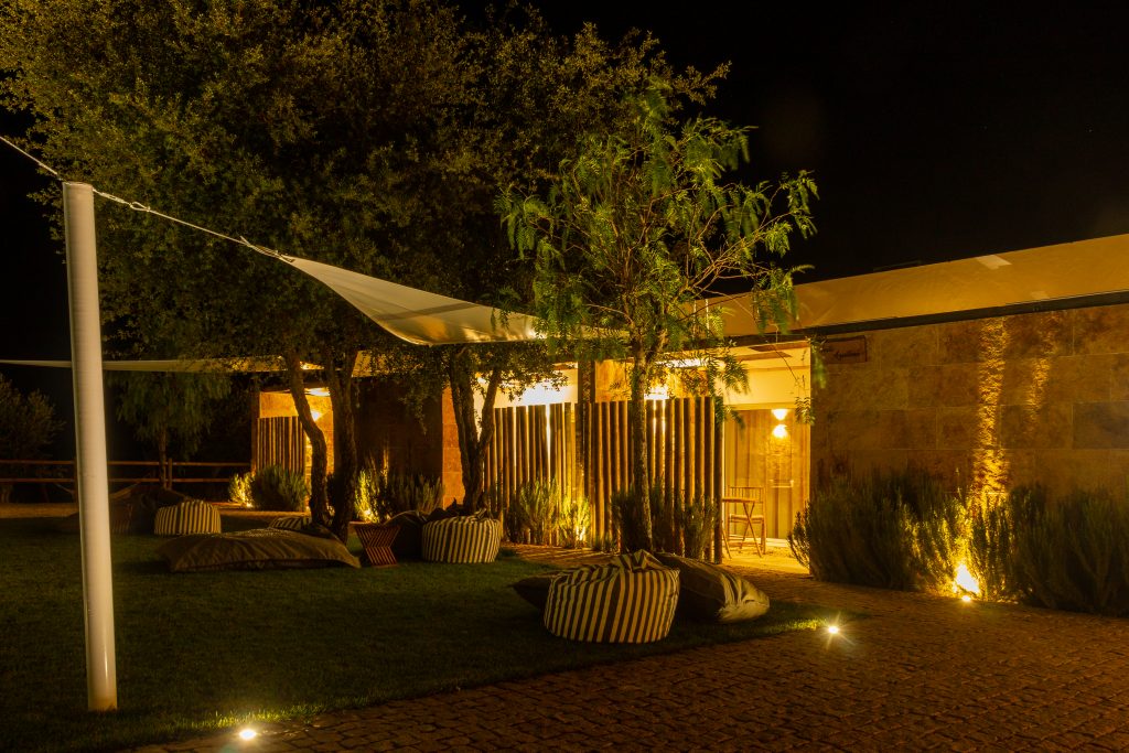 Turismo Rural Alentejo com piscina à noite com oliveira